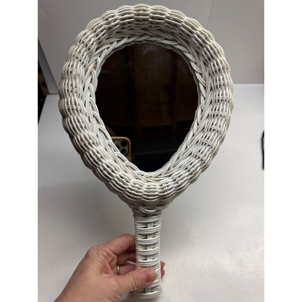 Vintage White Wicker Hand Mirror Woven Rattan Paddle Vanity Mirror Cottagecore - Picture 2 of 10
